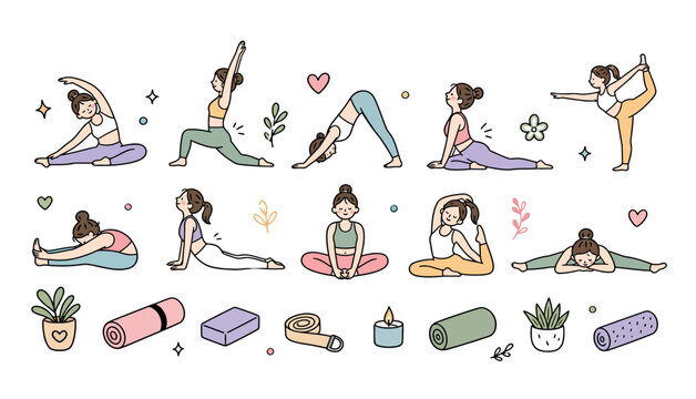 Women doing various yoga poses.