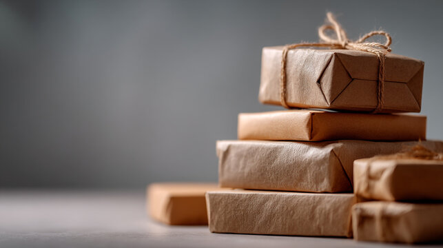 A stack of small parcels wrapped in brown paper tied with rustic twine string on grey