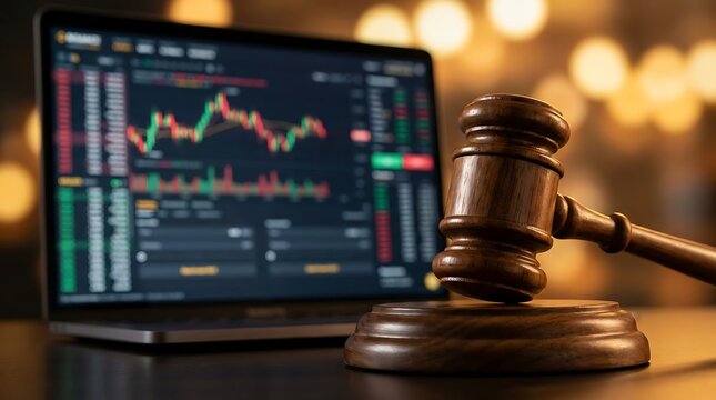 Wooden gavel and laptop displaying stock market charts on dark table in courtroom with blurred background symbolizing financial law justice and trading regulation online courtroom justice.