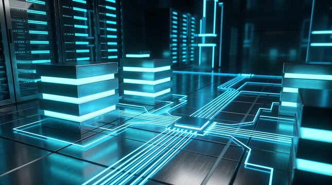 Abstract data center server room with glowing blue circuit board pathways connecting metallic storage units for cloud computing and information technology infrastructure visualization