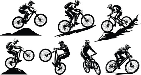 Obraz premium Mountain biking silhouettes, downhill cyclists, extreme trail riding, bike jumps, off-road cycling, adventure sports, vector illustration