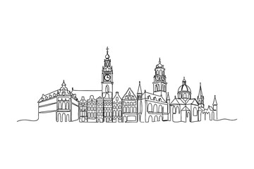 Fototapeta premium A continuous line drawing of a historic European city skyline featuring ornate towers and buildings.