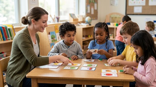 A smiling female teacher guides a diverse group of young children in a classroom activity, pointing at cards on a wooden table.