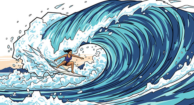 Stylized illustration of a female surfer riding inside a massive curling ocean wave barrel.