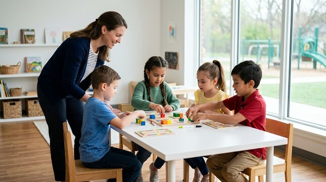 Female teacher supervising four young children playing with colorful blocks at a table in a bright classroom with a large window.