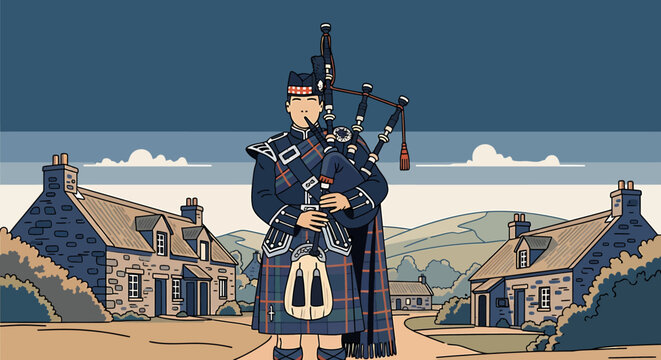 Stylized illustration of a Scottish bagpiper in traditional kilt playing bagpipes in a highland village.