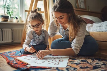 Fototapeta premium Woman and young girl sitting on a patterned rug drawing on a large sheet of paper in a sunlit bedroom, sharing warm focused creative bonding
