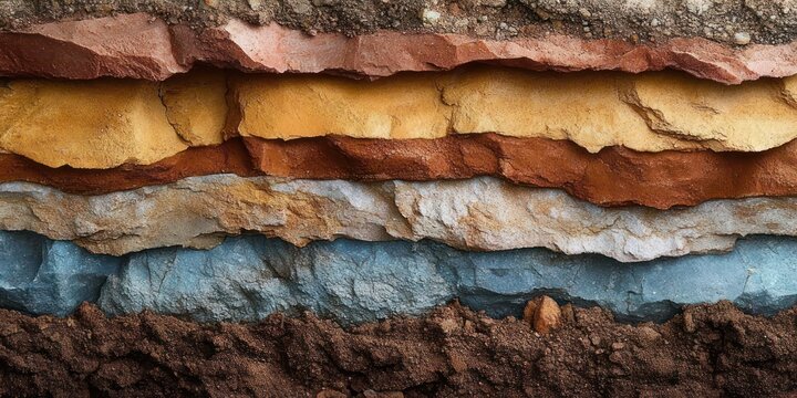 multicolored horizontal layers of exposed earth and rock with rust red, ochre, pale gray, blue and dark brown bands and rough textured layers conveying a striking natural pattern