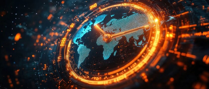 Futuristic glowing orange and blue global clock interface with digital world map, rotating clock hands, concentric data rings and a sense of urgency and precision