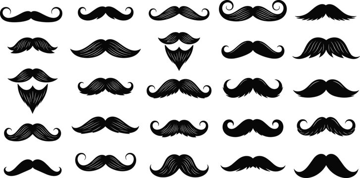 Mustache icon set with 25 unique styles including curly, straight, thick, thin, and beard combos