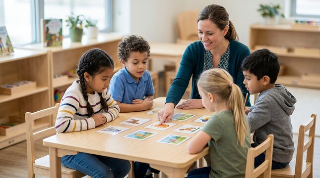 A smiling female teacher engages five diverse young children in a learning activity with picture cards at a small wooden table in a bright classroom.