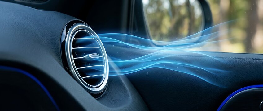 Automobile air conditioning vent with glowing blue airflow simulation inside car interior closeup demonstrating cool fresh air circulation system for driver and passenger comfort.