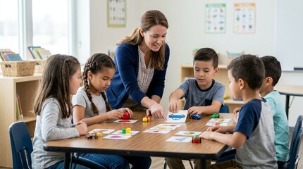 Obraz premium A smiling female teacher engages with five diverse young children at a table in a bright classroom, playing an educational game with cards and colorful pieces.