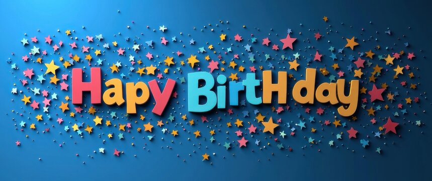 colorful three-dimensional letters reading misspelled hapy birthday with mixed capitalization surrounded by multicolored star confetti on a blue gradient background, cheerful festive mood