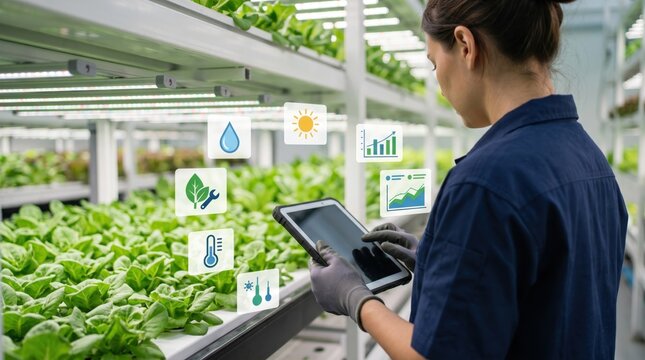 Smart farming technology, agricultural worker monitoring greenhouse crops with tablet, analyzing plant growth data and environmental conditions.