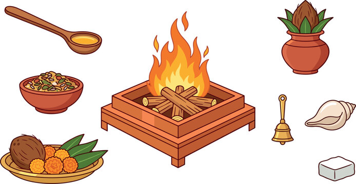 Hindu Havan Kund Vector Set with Sacred Fire Elements Kalash Ghee Spoon and Puja Items for Religious Festive Designs