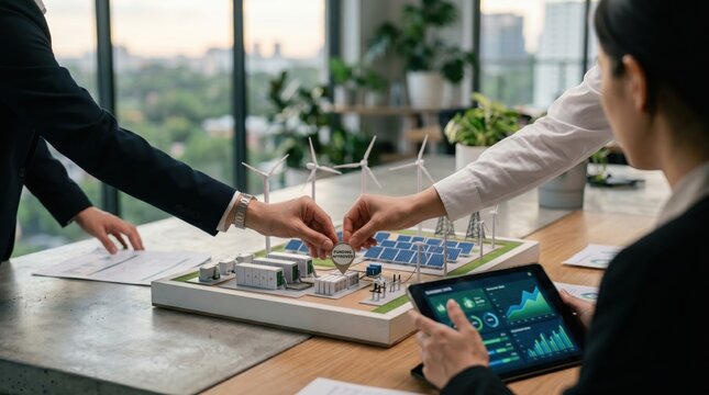 Engineers placing model wind turbine on miniature renewable energy power plant layout with solar panels while colleague monitors system data on tablet in bright conference room