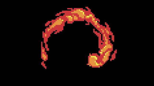 Pixel Art Spiral Comet Explosion Animation. Featuring a fiery spiral comet explosion in retro 8 bit style. This dynamic swirling blast effect is perfect for RPGs, fantasy games, action games.