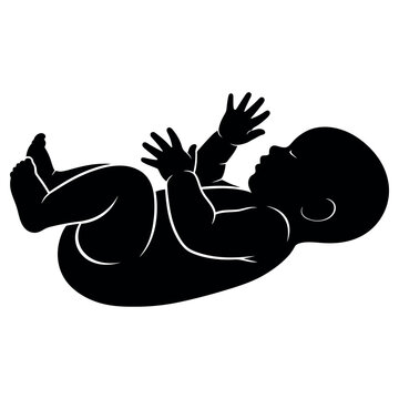 Silhouette graphic of a newborn baby lying on its back with hands raised in a peaceful gesture captured in this artistic black and white digital illustration for creative design projects