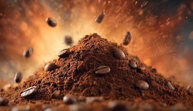 Explosive Coffee - Aromatic Ground Coffee and Beans in Dynamic Display.