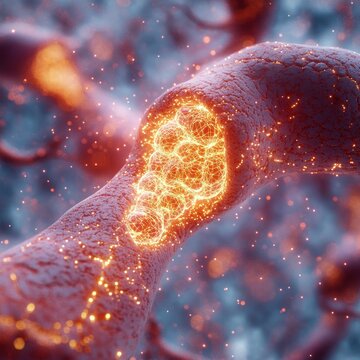 Close-up glowing neuronal synapse with clustered luminous vesicles releasing electric sparks, dynamic microscopic cellular communication and energy