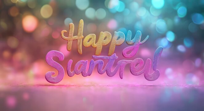 Cheerful colorful 3D script lettering reading happy and a decorative cursive word on a sparkling pastel bokeh background with reflective surface