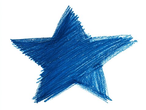 Hand-drawn blue star with textured crayon effect on white background.