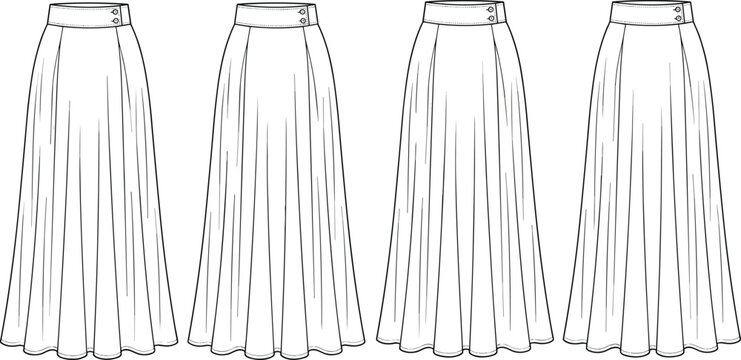 Fashion technical sketch of women maxi skirts featuring high waistband with side button details