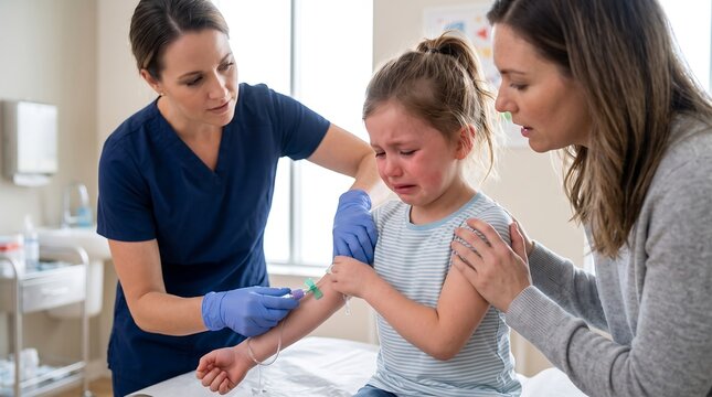 Nurse drawing blood sample from child arm while mother comforts her crying daughter in clinic