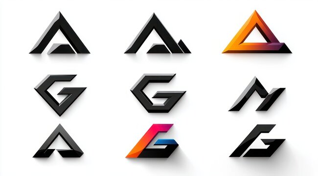 Nine glossy 3D angular geometric letterform logos in a three-by-three grid on a white background, modern sleek and dynamic visual identity exploration
