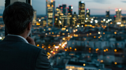 Fototapeta premium Businessman Looking at City Skyline at Night Thinking
