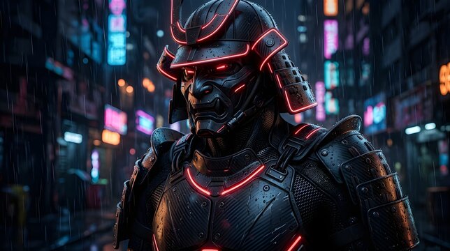 Armor Samurai Futuristik Dengan Lampu Neon Merah Di Jalanan Kota Hujan