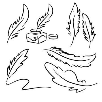 Quill pen feather inkwell collection set handdrawn writing ink