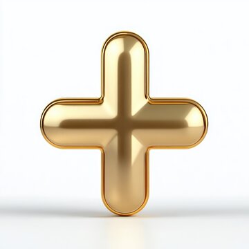 Glossy gold rounded 3D plus sign standing on a white surface with soft shadow, minimalist elegant symbol conveying luxury and positive energy