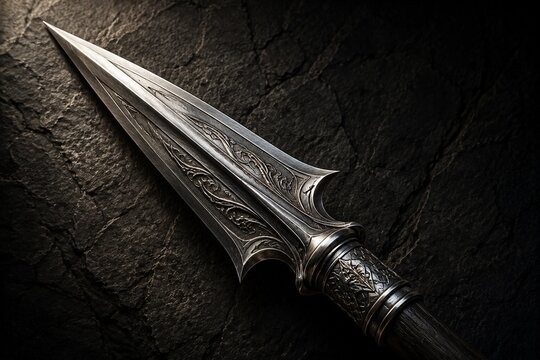 An ornate metallic spearhead against a dark stone background.