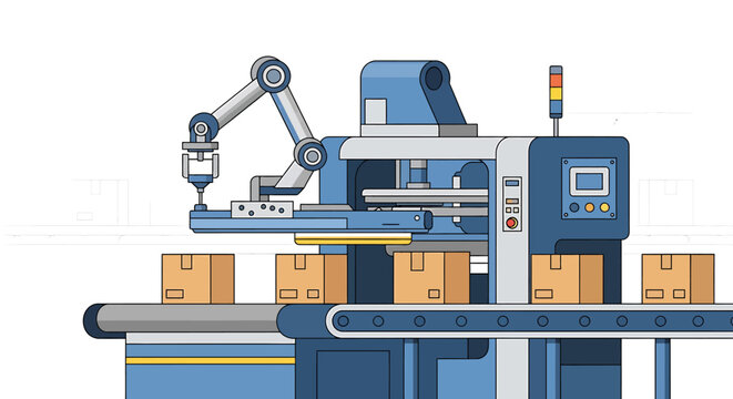 Automated industrial packaging machine with robotic arm processing cardboard boxes on conveyor belt vector illustration.