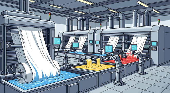 Automated industrial textile factory illustration with fabric rolls and colorful dye baths.