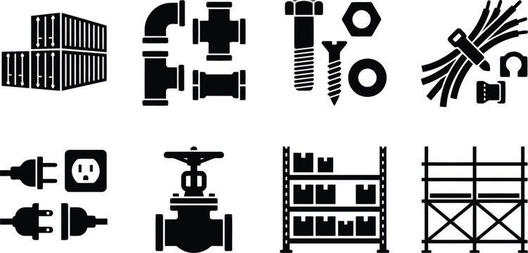 Set of industrial hardware and construction elements vector icons including containers pipes bolts nuts electrical components and storage shelves.