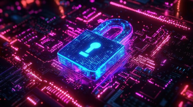 glowing translucent padlock with keyhole on a neon circuit board, futuristic cyber security scene conveying protection and vigilance