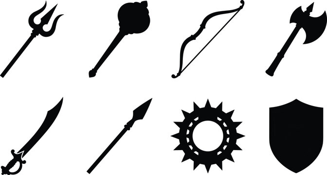 Ancient Indian Mythological Weapons Silhouette Set for Gaming Culture and Traditional Festive Branding