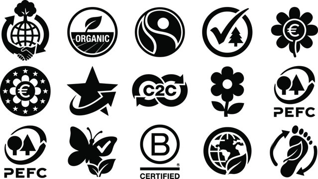 Environmental certifications set with organic label C2C recycle symbol PEFC globe handshake butterfly and B Corp.