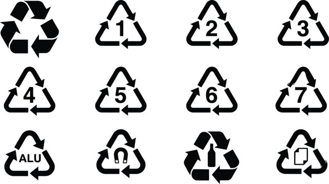 Recycling symbols collection with numbers and materials like aluminum and glass bottle plastic waste.