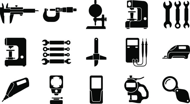 Set of measuring tools and instruments icons for precision engineering calibration and industrial workshop equipment.