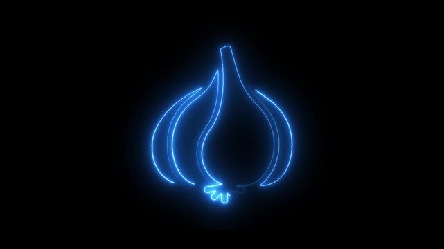 Glowing neon garlic bulb animation, blue light line for culinary and healthy food branding