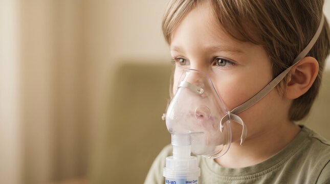 Cute little child wearing a nebulizer mask for respiratory inhalation therapy at home
