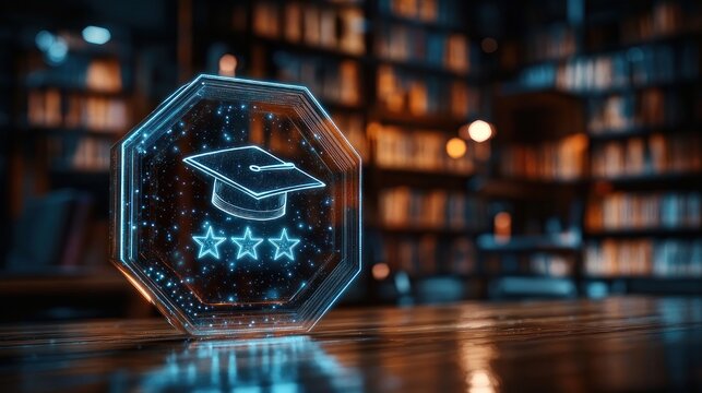 Glowing holographic education badge with graduation cap and three stars on a wooden table in a warm blurred library, evoking achievement and futuristic inspiration