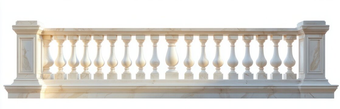 ornate white marble balustrade with classical balusters and pedestal posts bathed in warm sunlight, elegant serene atmosphere