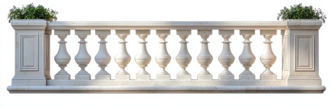 ornate white stone balustrade with two planter boxes of green foliage, symmetrical classical terrace railing, elegant and serene in warm sunlight