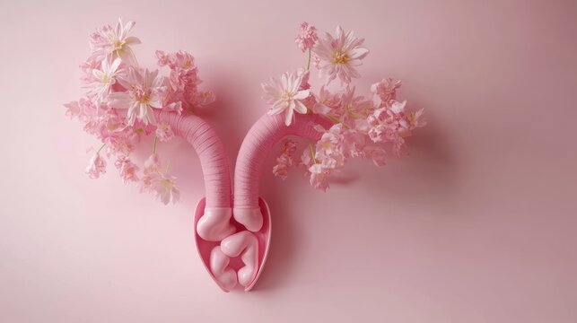 delicate pink anatomical uterus sculpture with flowering fallopian tubes and soft petals conveying tenderness and hope