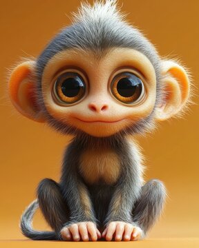 fluffy baby monkey with oversized ears and tiny hands sitting on a warm orange background, face obscured by a square blur, conveying curiosity and innocence